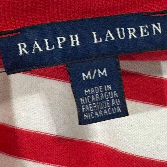 Ralph Lauren Red White Striped V-Neck T-Shirt Medium Classic Polo Pony Logo - Picture 6 of 7